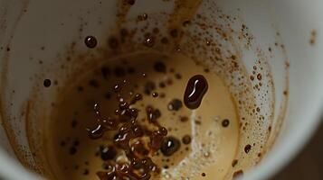 Coffee Splash Close up of Espresso Droplets Falling into Creamy Foam in a White Cup photo