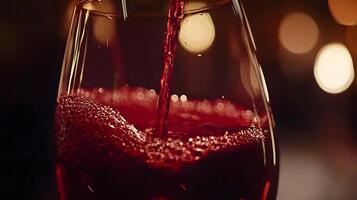Red Wine Pouring into Crystal Glass Close up Bubbles Festive Bokeh Background photo