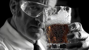 Scientist in Lab Coat Examining Dark Beverage Sample in Glass photo