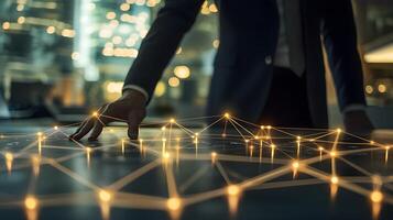 Businessperson Analyzing Global Network Connections Illuminated Digital Interface Data Analysis photo