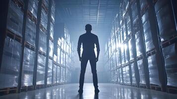 Silhouette of Man Standing in Large Warehouse Rows of Pallets Logistics Inventory Management photo