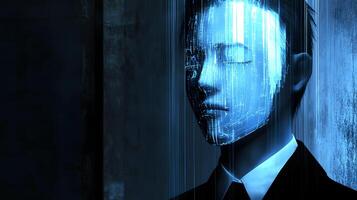 Digital Overlay on Man s Face Futuristic Technology AI Concept Abstract Portrait photo