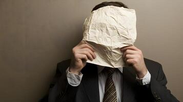 Anonymous Businessman Hiding Face with Crumpled Paper Concealed Identity Secret photo