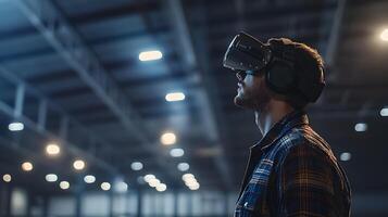 Man Experiencing Immersive Virtual Reality in Industrial Setting photo