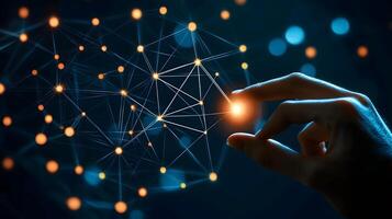 Hand Interacting with Glowing Network Global Connectivity Digital Technology Concept photo