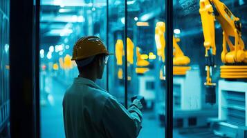 Industrial Worker Monitoring Automated Robotic Arm Production Line in Modern Factory photo