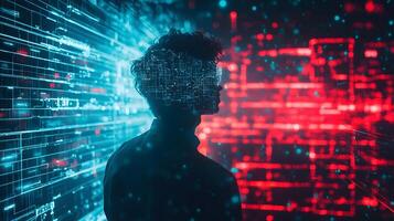Futuristic Metaverse Concept Person Silhouette with Digital Data Streams Cyberspace and Technology photo
