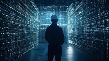 Engineer Observing Futuristic Digital Data Streams in a Virtual Reality Environment photo