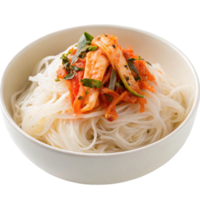 Delicious Kimchi and Rice Noodles in a White Bowl A Simple and Flavorful Korean Dish png