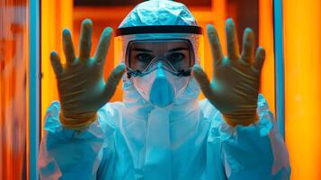 Healthcare worker in protective suit raising hands safety precaution virus prevention medical photo