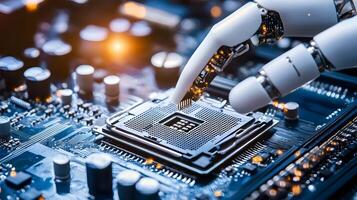 Robotic Arm Installing CPU Microprocessor on Motherboard Advanced Technology Concept photo