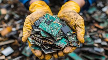 Recycling Electronic Waste Gloved Hands Holding Pile of Used Circuit Boards and Components photo