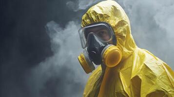 Hazmat Suit Worker in Smoky Environment Wearing Respirator and Goggles photo