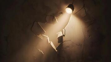 Dramatic Light Shining Through Cracked Concrete Wall Grunge Texture Spotlight photo