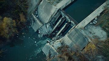 Aerial View of Collapsed Concrete Dam River Autumn Scenery Damaged Infrastructure photo