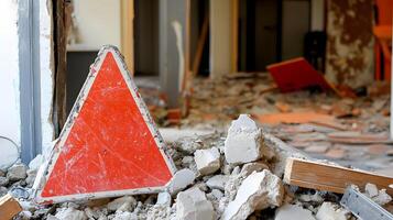 Demolition Debris and Red Warning Triangle Sign in a Construction Site photo