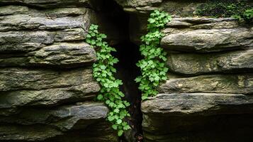 Lush Green Vines Growing in Crack of Stone Wall Nature Texture Background photo