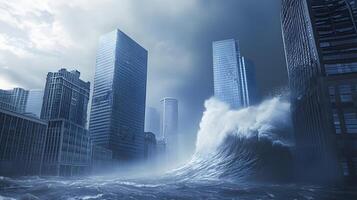Immense Ocean Wave Crashing into Modern Cityscape Flood Disaster Scene photo