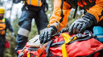 Emergency Rescue Workers Preparing Equipment in Forest First Responders with Backpacks and Medical photo