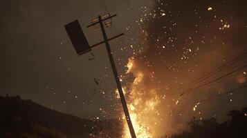 Fiery Nighttime Power Line Fire with Sparks and Embers photo