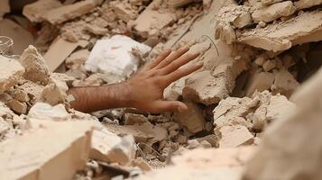 Hand Reaching Out from Rubble Disaster Relief Earthquake Aftermath Destruction Scene photo