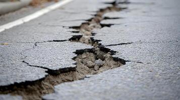 Severely Damaged Asphalt Road Surface with Deep Cracks and Subsidence photo