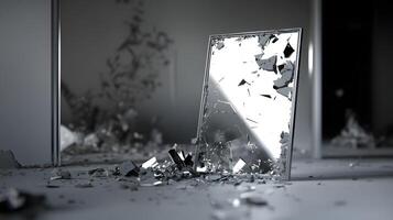 Shattered Glass Panel Modern Abstract Image of Broken Glass Fragments and Destroyed Surface photo
