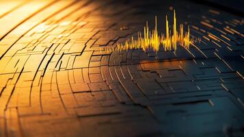 Abstract Gold and Black Tech Data Visualization Circuit Board Background with Dynamic Audio Waveform photo