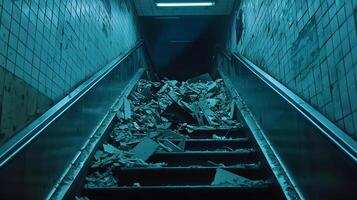 Destroyed Escalator in Abandoned Subway Station Debris and Damage Urban Decay photo