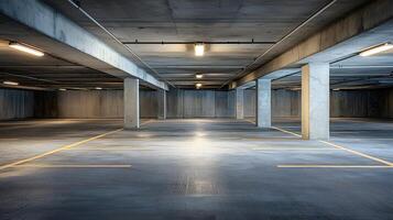 Empty Modern Concrete Parking Garage Interior with Lighting and Parking Lines photo