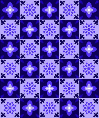 Geometric Blue Tiles with Floral Accents