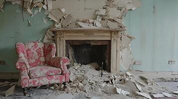 Abandoned Room with Damaged Fireplace and Floral Armchair in Derelict Building photo
