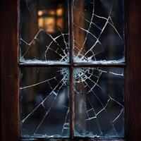 Shattered Glass Pane in Old Wooden Window Frame Web of Cracks Damage Broken Window photo