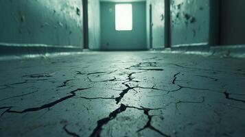 Cracked Floor in Abandoned Building Corridor Distressed Concrete Dark Teal Desolate Interior photo