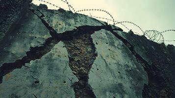 Crumbling Concrete Wall with Barbed Wire Decaying Structure Ruin Destruction Urban Decay photo