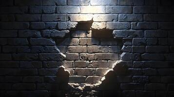 Dramatic Grunge Brick Wall with Hole Dark Background Spotlight Effect Rough Texture photo