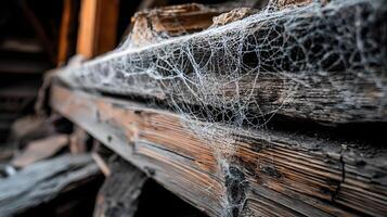 Dew Covered Spiderweb on Rustic Weathered Wooden Beams in Old Building photo