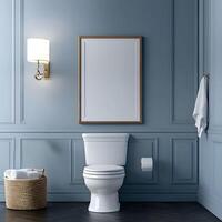Blank frame for wall art mockup in a modern minimalist bathroom with a touch of coquette style and elegant decor elements for interior design inspiration photo