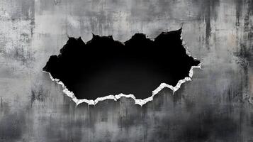 Dramatic Hole in Grungy Concrete Wall Broken Surface Texture Dark Background photo