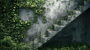 Overgrown Stone Steps and Ivy Covered Wall Abandoned Building Nature Reclaiming Structure photo