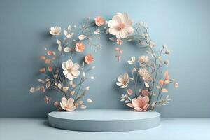 Round podium adorned with spring flowers in a modern design for elegant showcases and presentations photo