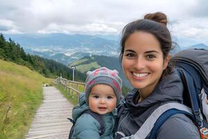 Mother enjoys a scenic hike with her baby in a backpack on a cloudy day in the mountains, surrounded by lush greenery and distant hills photo