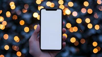 Hand Holding Smartphone with Blank Screen Against Festive Bokeh Lights Background photo