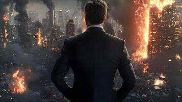 Man in Suit Contemplating Burning Cityscape Dramatic Post Apocalyptic Scene photo