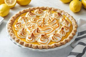Delicious homemade lemon meringue pie with a golden crust, garnished with fluffy meringue peaks and surrounded by fresh lemons on a marble counter photo