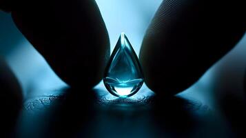 Abstract Teal Water Drop Held Between Fingers Close up Macro Photography photo
