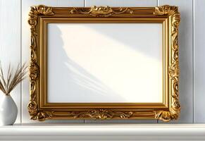 Elegant blank frame for wall art mockup designed for a modern interior with a minimalist touch, showcasing a golden ornate style against a white backdrop photo