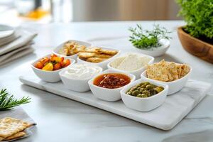 Delicious appetizer spread featuring various dips and crackers arranged on a marble platter in a bright kitchen setting photo