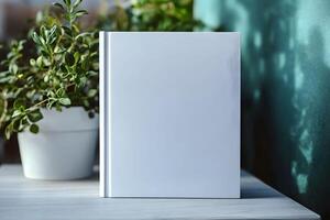 Blank notebook for mockup resting on a wooden table next to a green plant in a bright, serene space with soft natural light illuminating the scene photo