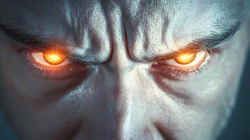 Intense Close up of Angry Man with Glowing Eyes Dramatic Expression Powerful Gaze photo